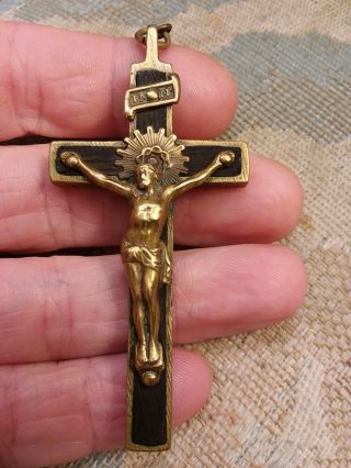 Antique Early 1900s Bronze And Ebony Wood Crucifix Pendant