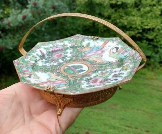 Antique Chinese Porcelain Rose Medallion Octagon Plate Metal Mounts Dish Canton