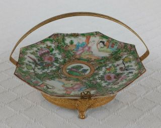 antique chinese porcelain rose medallion octagon plate metal mounts dish canton 2