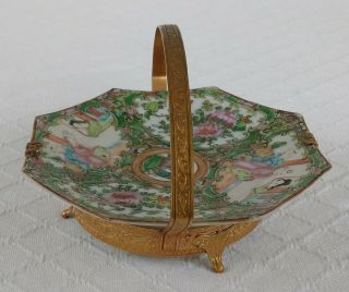 antique chinese porcelain rose medallion octagon plate metal mounts dish canton 3