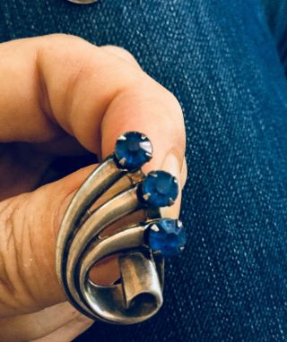 Antique Art Deco Sterling Screw Back Earrings Blue Prong Set Crystal Rhinestones