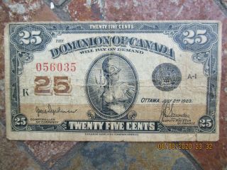 Antique 1923 Dominion Of Canada Twenty Five Cent Banknote