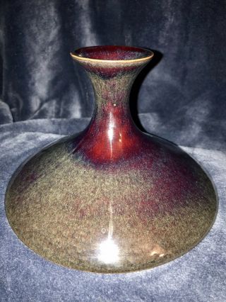 Rare Vintage Chinese Art Pottery Porcelain Flambe Glaze Weed Pot Vase Vessel 7”d