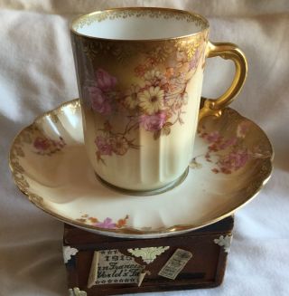 Antique Theodore Haviland Limoges Tea Cup & Saucer Pink Roses Gold Trim