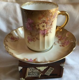 Antique Theodore Haviland Limoges Tea Cup & Saucer Pink Roses Gold Trim 3