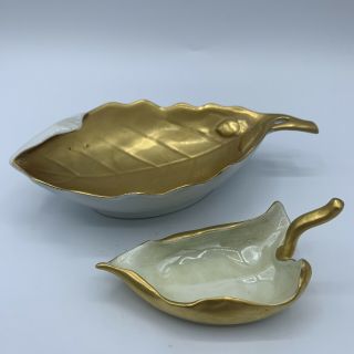 Antique Pair Porcelain Hand Painted Gold Leaf Acorn Dish