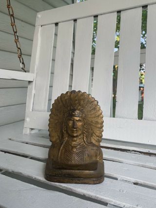 Single Cast Brass Bookend Native American Indian Chief Antique Head Dress