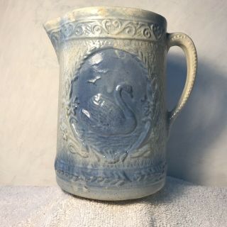 Antique Blue White Stoneware Pitcher Swan Jug Crock