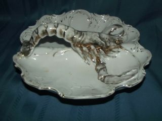 Vintage Ceramic Lobster Bowl Divided Dish White With Gold Gilt Paint Antique