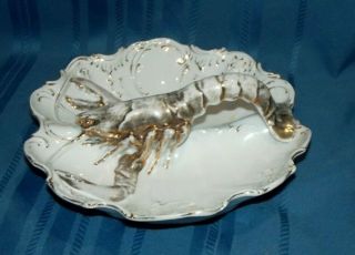 Vintage ceramic lobster bowl divided dish white with gold gilt paint antique 2