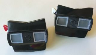 View Master - 2 Rare Black Model E Viewers - Red Advance,  Ivory - Bakelite