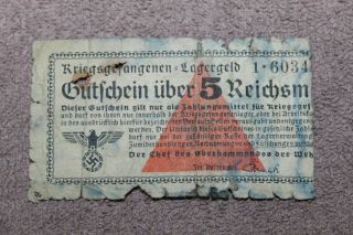 Rare Ww2 German " Pow " Prisoner Of War Camp 5 Reichsmark Paper Bill