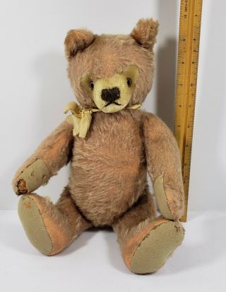 Antique Steiff (??) 12 " Teddy Bear Beige Mohair Excelsior Wood Chips 360 Jointed