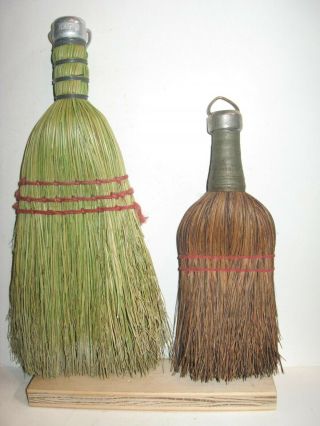 2 Primitive Antique Hand Whisk Brooms,  11 " & 8 " - Hungary & Fits Rite -