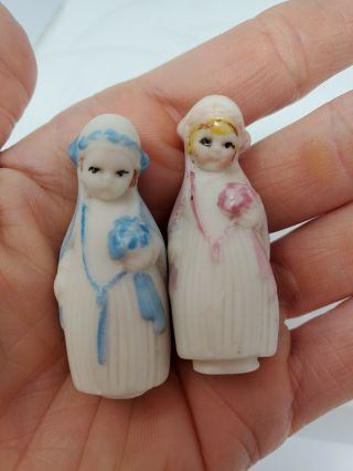 2 Antique German Bisque Miniature Dollhouse Dolls Figures Girls W/flowers 1 1/2 "