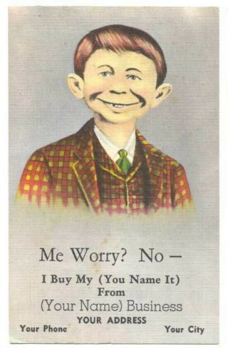 Pre Mad Alfred E Neuman Linen Ad For Aen Business Postcards & Prices Very Rare