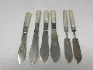 Antique Mother Of Pearl Handle Silver Plate Set Of 6 Master Butter / Fish Knives