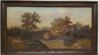 Antique 19c Charles Morris Signed Country Cottage River Landscape Oil Painting