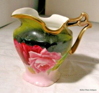 Antique Prussia Pitcher Roses Green Pink Gold Accented 4 1/4 Inch Tall