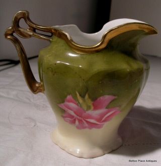 ANTIQUE PRUSSIA PITCHER ROSES GREEN PINK GOLD ACCENTED 4 1/4 INCH TALL 2