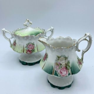 Antique Rs Prussia Porcelain China Footed Creamer Sugar Roses Set Red Mark