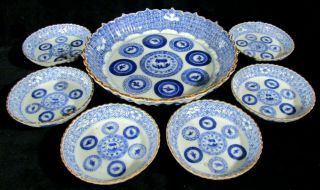 Signed 7pc Chinese Porcelain Berry Bowl Set - Blue & White Hand Painted Design