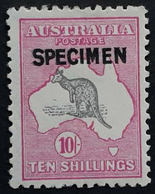 Rare 1917 Australia 10/ - Grey&dp Al Pink Kangaroo Stamp 3rd Wmk Type B Specimen