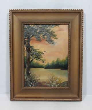 Antique Landscape Painting " In The Swamp " Framed 7 X 5 Inches