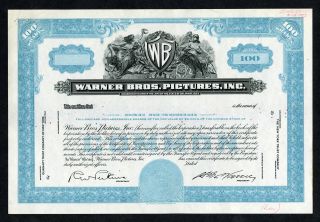 Warner Bros.  Pictures,  Inc.  1953 Proof Stock Cert 100 Shrs Unc Sbn Rare