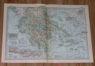 1911 Antique Map Of Greece / Athens Crete / Aegean Sea Peloponnese