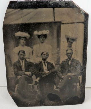 Antique Tin Type Photo Photograph Of Three Women & Men Hats Suits Dressed Up