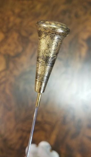 Antique Japanese Damascene Komai Brass Mixed Metal Serpent Hatpin 12 Inches Long