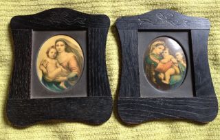 Antique Arts & Crafts Wooden Picture Frames With Religous Prints
