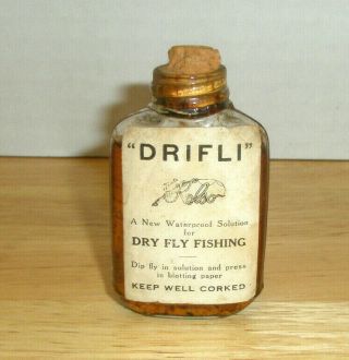 Vintage Drifli Dry Fly Fishing Oil Cork Stopper Glass Bottle Advertising
