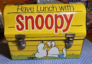 Rare 1972 Snoopy Holding A Blue Cup Lunchbox/thermos