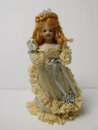 Vtg Dollhouse Hand Painted Porcelain Doll Lace Dress Glass Bead Tiara Necklace