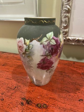 Rare Antique B & C Limoges??tall Hand Painted Vase Signed E.  Smith 1916 Flowers