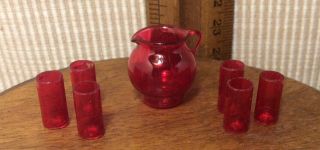 Dollhouse Miniatures 1:12 Red Plastic Drink Pitcher & 6 Glasses