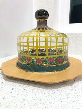 Mackenzie Childs Hand Painted Wood Charger Glass Dome Cake/cheese Server Rare