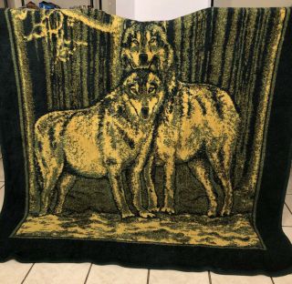Vguc - Htf - Rare - Vintage - 84” X 60” San Marcos Blanket W/ Two Wolves In Woods