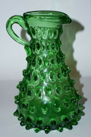 Vintage Italian Empoli Art Glass Emerald Green Hobnail Pitcher Vase