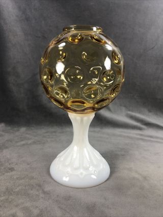 Fenton Ivy Ball Vase Amber Glass Coin Dot With Milk Glass Base Vintage Rare