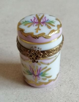 Rare Limoges Trinket Box Cylindrical Shape With Pink And Gold Flowers
