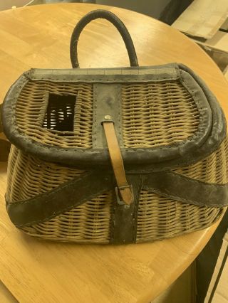 Vintage Wicker & Leather Fishing Creel Basket,  With Strap