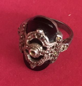 Vintage Old Art Deco Sterling Silver,  Marcasite And Black Onyx Ring Size 7