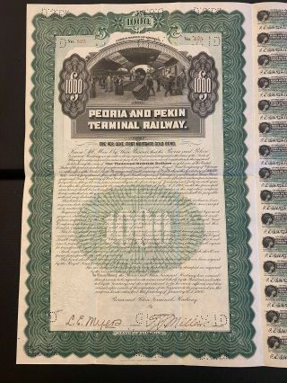 1900 Peoria & Pekin Terminal Railway $1000 Bond Certificate Rare Illinois Last 1