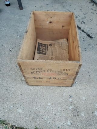 Antique Wooden Dupont High Explosives Crate Dovetail 50 Lbs Wood Box Very Sturdy