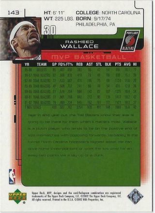 2002 - 03 Upper Deck MVP Classic Black Rasheed Wallace 143 Rare 33/50 2