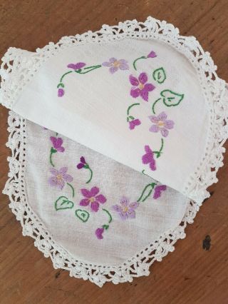 Gorgeous Mauve Viola Violets Flowers Vintage Hand Embroidered Sandwich Doily
