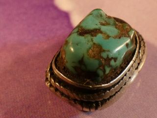 Antique Tibetan Natural Green Turquoise Bead Silver Copper Backing Worn Patina